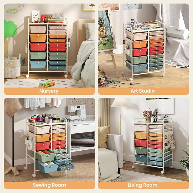 Giantex 15 Drawer Storage Cart, Rolling Craft Cart with Metal Tabletop & Pegboard, Mobile Utility Organizer Trolley with Locking Wheels, Home Office, Classroom, Teacher Supplies, Macaron Multicolor