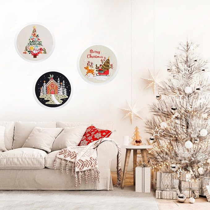 LB Christmas Embroidery Kit for Beginners Adults, 3 Sets Hand Embroidery Starter Kit with Snowman Pattern and Instructions Stamped Cross Stitch Kits Include Embroidery Hoop Needles Threads Scissors