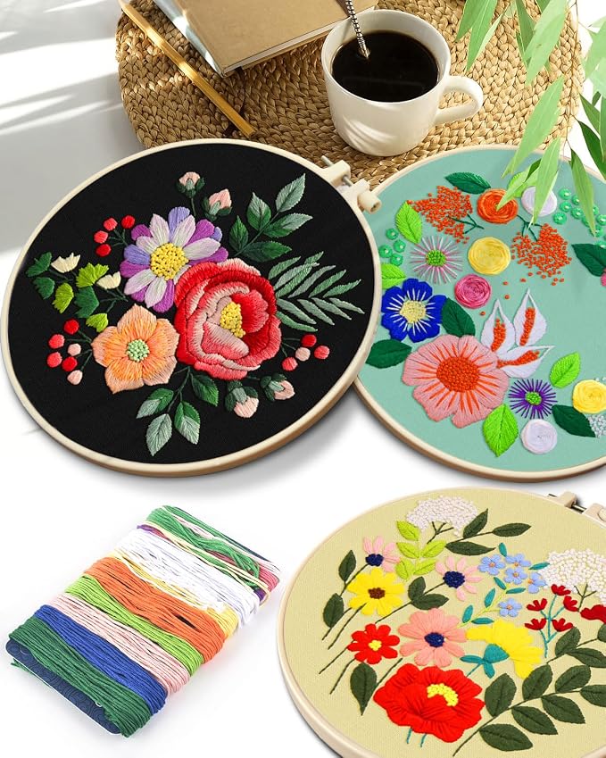 TINDTOP 5 Sets Embroidery Kit for Adults, Floral Embroidery Practice Kit for Beginners Include Embroidery Cloth Hoops Threads for Craft Lover Hand Stitch | for Beginners Include Embroidery Cloth Hoops Threads for Craft Lover Hand Stitch