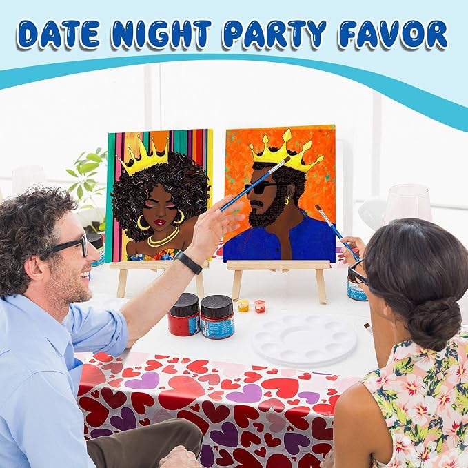 Yeaqee 13 Pcs Sip and Paint Kit for Adults Stretch Canvas Date Night Valentines Painting Kit Supplies Art Painting Set Outline Design Blank Stretch Canvas for Couple Party(Afro King Queen,8x10)