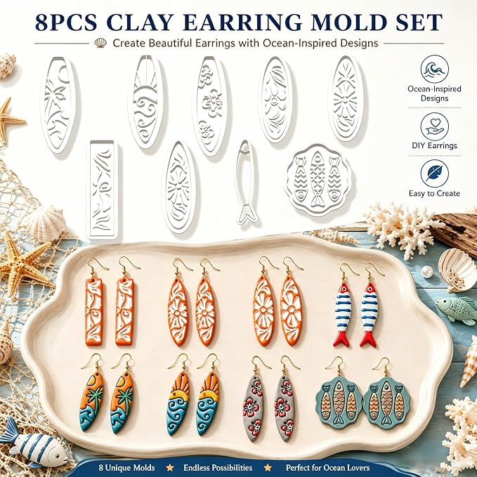 8Pcs Ocean Clay Earring Molds, Fish Flower Wave Polymer Clay Tools. Ocean Fish, Wave & Floral Patterns for Detailed Handmade Earrings and Coastal Clay Jewelry Designs