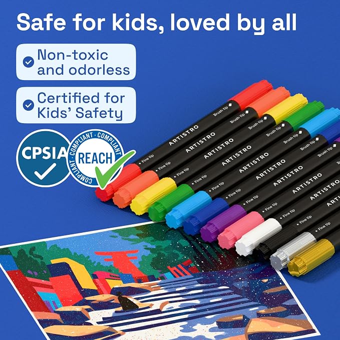 ARTISTRO 12 Dual-Tip Acrylic Paint Marker Pens for Drawing | For Fabric, Rock, Glass, Wood, & Molds, Arts & Crafts Gift for Adults, Teens, & Kids, Classroom Must Haves & School Supplies