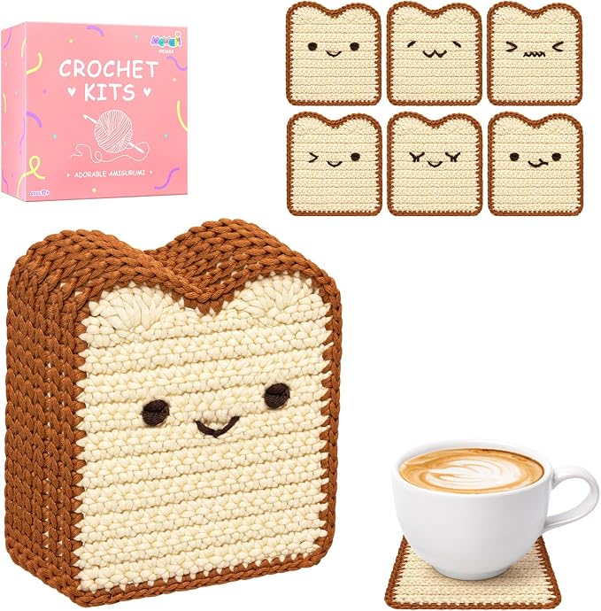 Mewaii Crochet Kit for Beginners, 6 Pack Toast Coaster Craft Set | 40% Extra Yarn, Video Tutorial, Pre-Started Piece, Beginner Friendly, Family Craft Gift for Adults & Kids