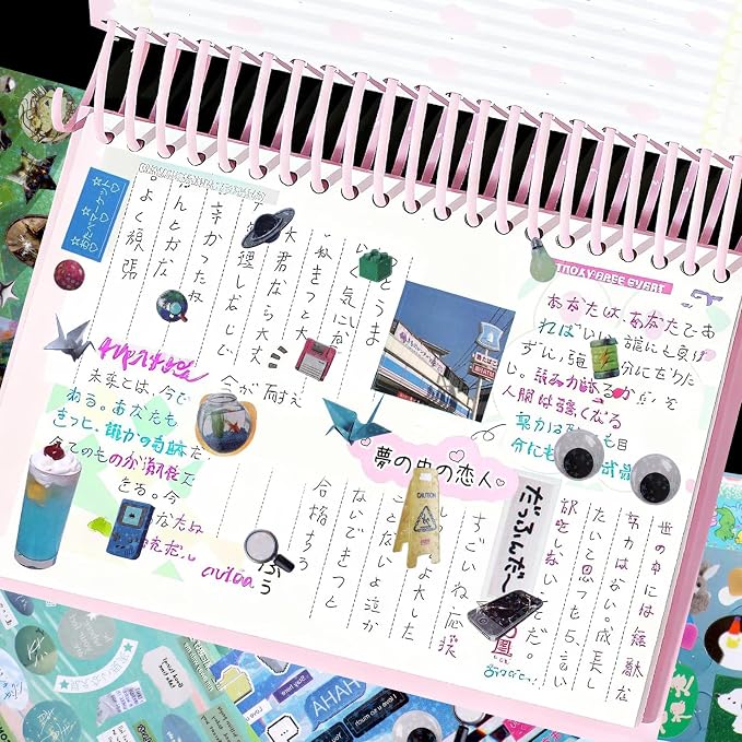 Tmtains 75 Sheets Japanese Sticker Book for Scrapbook Dreamcore Aesthetic Korean Sticker Book with Writable Paper, PET & Coated Paper Cute Stickers Books for Adults DIY Junk Journal(Light Dream)