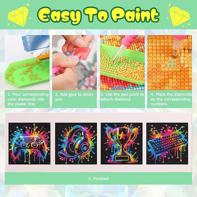 ICYANART 4 Pack Egame Diamond Art Painting Kits for Kids 6x6 Inch | Small Diamond Art for Kids Ages 8-12, Egame Gem Art Kits for Teen Boys, Arts and Crafts for Kids(no Frame)