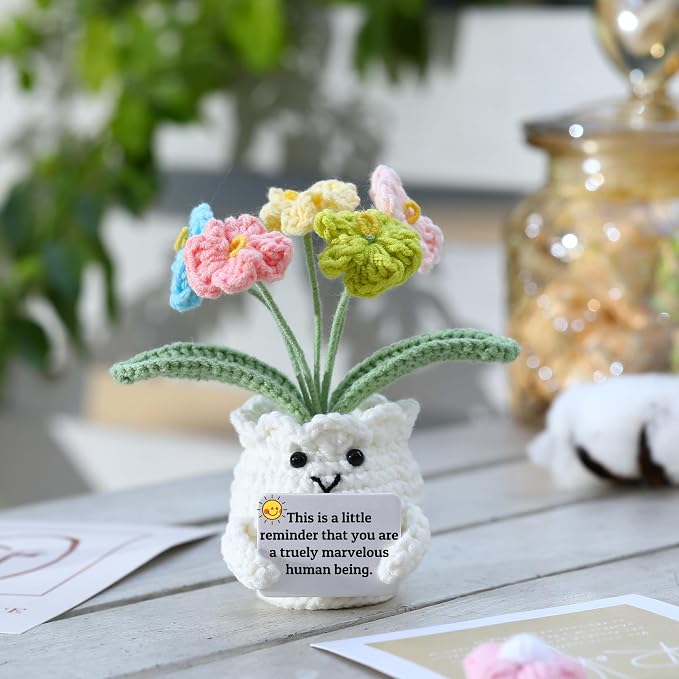 Forget-Me-Not Positive Crochet Flowers Plants Gift Handmade Desk Decor with Card āThis is a Little Reminderā Appreciation Inspirational Gift for Coworkers Women Employee Teacher Best Friend Mom