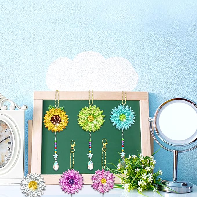 6 Pcs Daisy Diamonds Painting Wind Chimes Suncatcher Double Sided Flower Rhinestone Painting Wind Chime 5D DIY Crystal Diamond Painting Kits Paint by Number Hanging Ornaments Mom Gifts