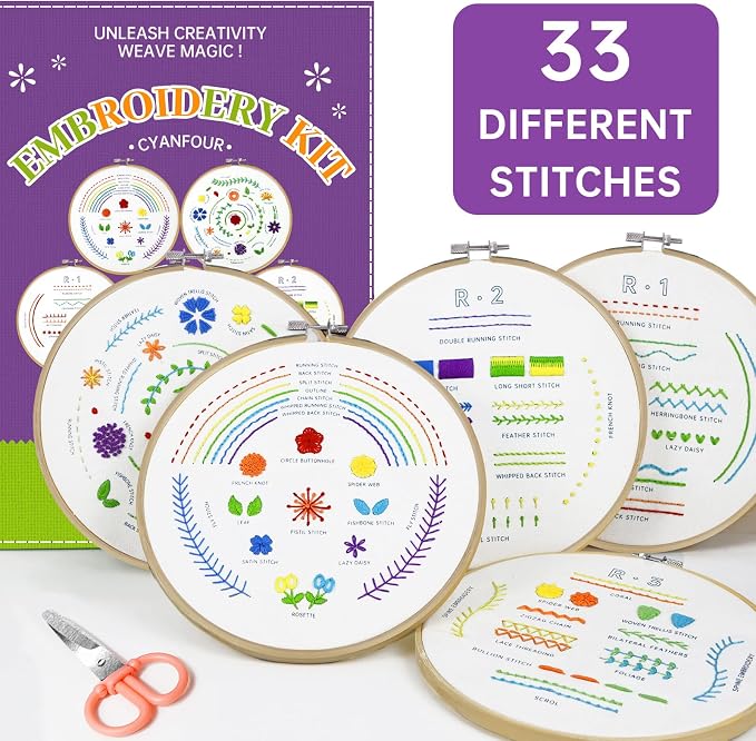CYANFOUR 5 Stage Embroidery Kit Easy to Learn from Video & Guidance | Easy to Learn 33 Different Stitch, Includes Multiple Accessories, Gift for Craft Lovers