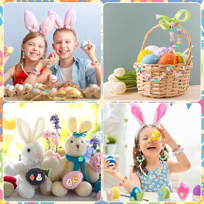 Augshy 300pcs Easter Polymer Clay Beads: Bunny, Chick, Egg, Carrot, Flower Shapes - Round, Assorted Easter Colors for Bracelet, Necklace, Jewelry Making