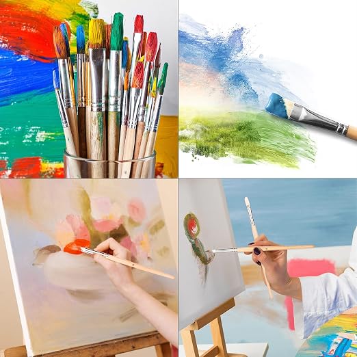 Amazon Basics Multi-shaped Polyester Paint Brushes for Acrylic, Oil, Watercolor, Gouache, Fine Detailing, Face Painting, 24 Count Different Sizes, Wood Color