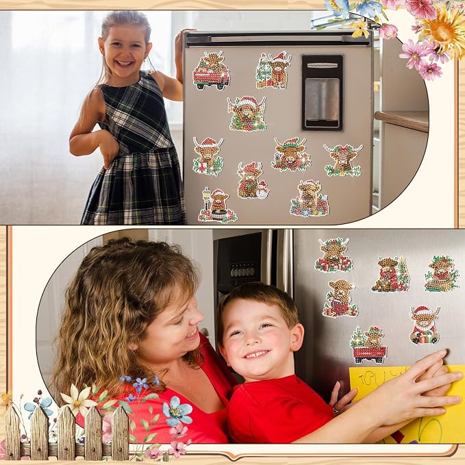 Remuuly 30 Pcs Christmas Diamond Painting Magnets Diamond Art Kit for Adult | Christmas Highland Cow Refrigerator Magnet, Xmas 5D Rhinestone Fridge Magnetic Sticker, Diamond Club Gift, Beginner DIY Craft