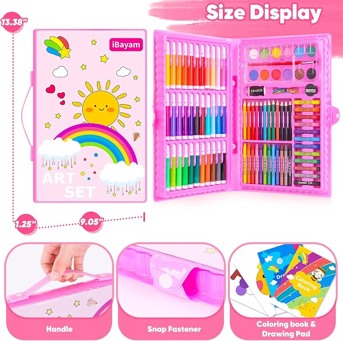 iBayam Art Supplies, 149-Pack Drawing Kit Painting Art Set Kits, Pink Box | Arts and Crafts for Kids Girls Boys Gifts, with Coloring Book, Crayons, Pastels, Pencils, Watercolor Pens & Cakes