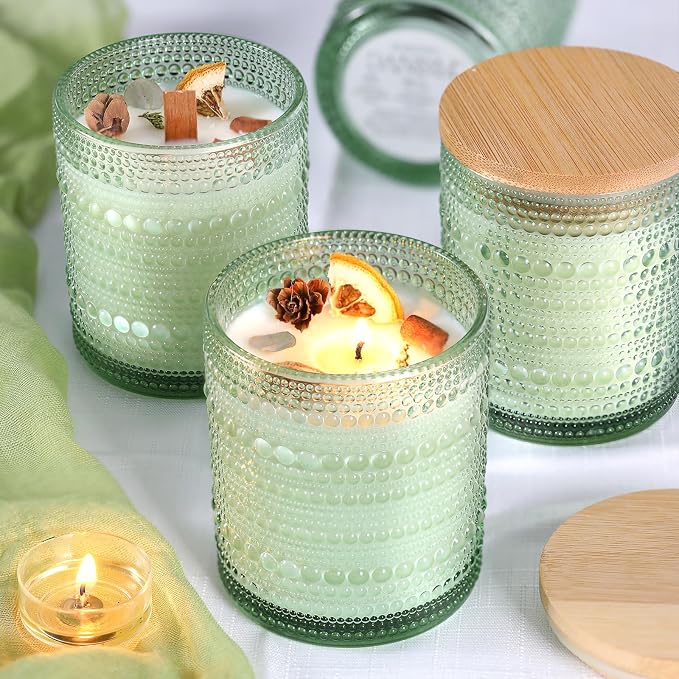 DARJEN 12 Pcs 10 oz Glass Candle Jars with Lids, Candle Tins-Green | Thick Wall Ribbed Glass, Airtight Wood Lids- The go to candle jar for DIY, thoughtful gifters, growing candle brands
