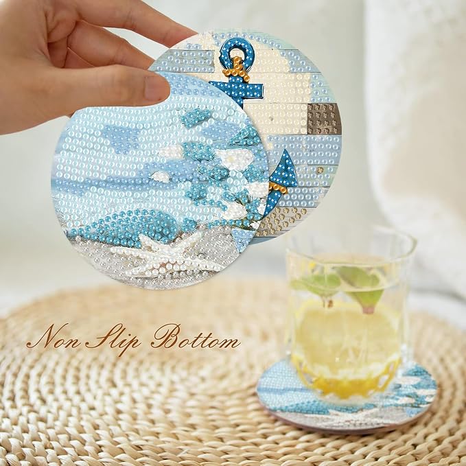askkqtx 8 Pcs Beach Diamond Art Coasters Kits with Holder 4X4 Inch