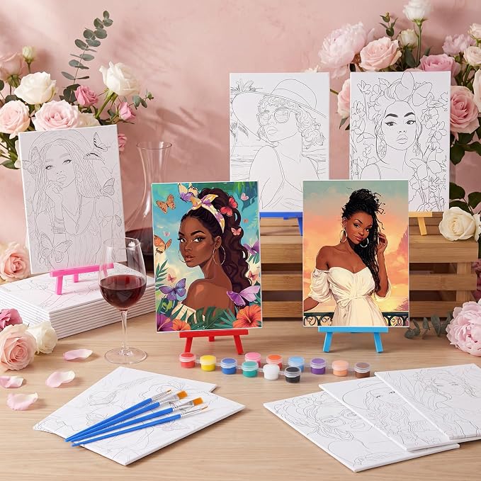 Blosssound 24 Pack Paint and Sip Kit African American Women Pre Drawn Canvas 5x7'' Afro Pre Printed Canvas Painting Kits with Easel Paint Pots Brushes Stretched Panels Gift Bulk for Party Birthday DIY