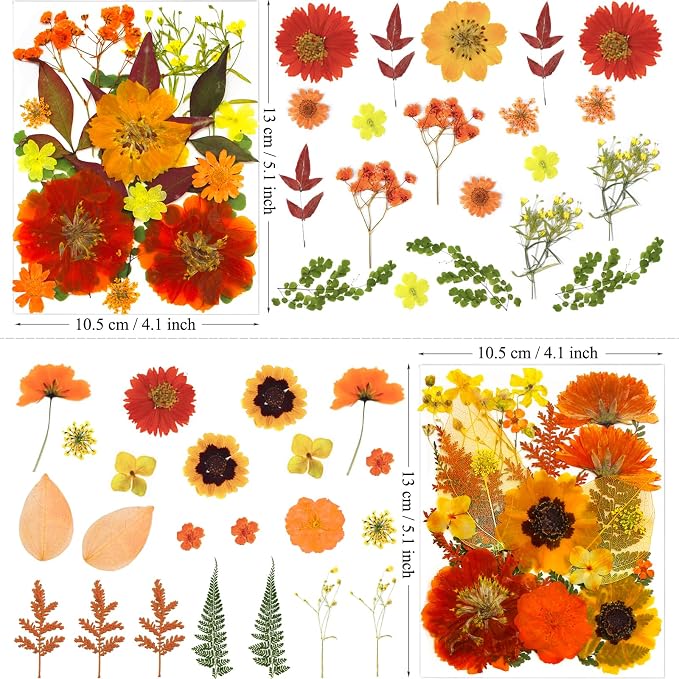 MIKIYA 90Pcs Fall Pressed Dried Flowers for Resin, Real Assorted Autumn Natural Bulk Orange Dry Floral Leaves for DIY Art Crafts, Epoxy Molds, Jewelry, Soap, Candle Making