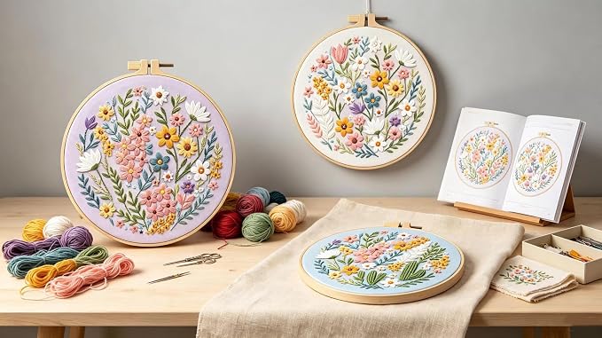 Konrisa Blossoms Embroidery Kit for Adults Beginners, Floral Stamped Embroidery Starter Kit DIY Sewing Practice, Needlepoint Cross Stitch Set of 3