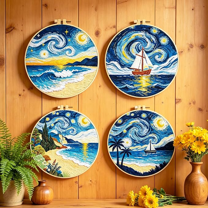BEUNITONE 4pcs Embroidery Kit, Starry Sky & Beach Stamped Embroidery Kits with Hoop, Thread & Needles, Cross Stitch Kits Sewing Gifts for Adults and Beginners, DIY Craft for Relaxation