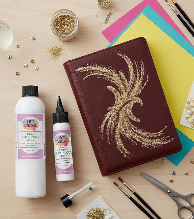 Art Institute Glitter Dries Clear Glue Kit, 8oz & 2oz with Metal Tip & Pin | Precision steel applicator, Smooth fine line flow, Anti-clog tool, Tailored for intricate detail work, Permanent bond