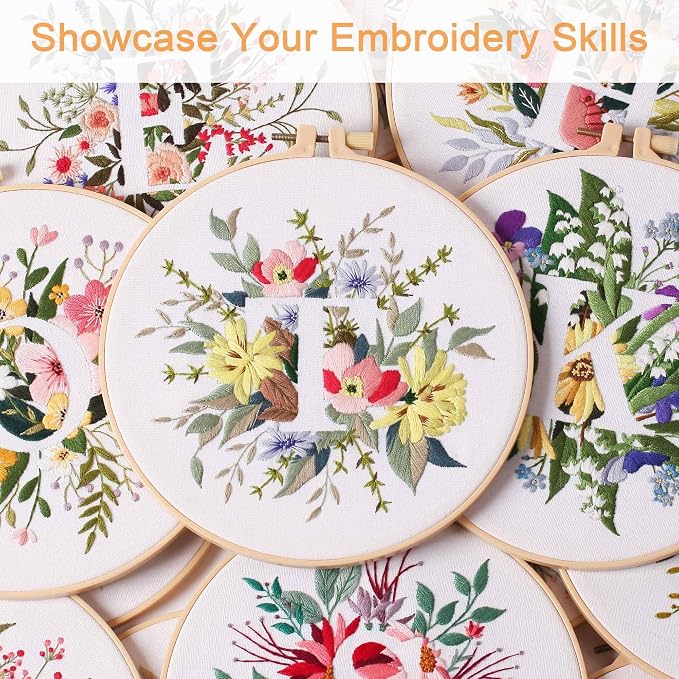 Harimau Letter Pattern T Embroidery Kit for Adult Beginners, Complete Starter Pack with 1 Hoop, Needles, Instruction Guide & Embroidery Stitch Video Tutorials