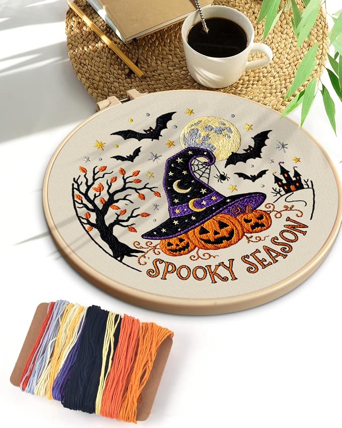 TINDTOP Halloween Embroidery Kit for Adult, Embroidery DIY Starter Kit, with Stamped Patterns, Hoop, Tools, Colorful Threads with Needles, Instructions (Halloween A)