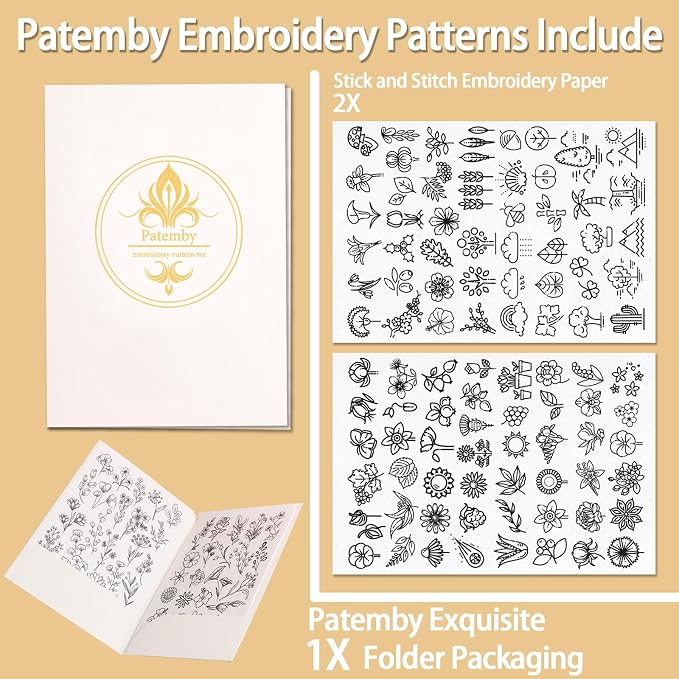 Patemby Embroidery Pattern Water Soluble Embroidery Stabilizers, Stick and Stitch Embroidery Paper Wash Away with Pre-Printed Pattern Designs Stencils Transfers for Hand Sewing Lover Beginner