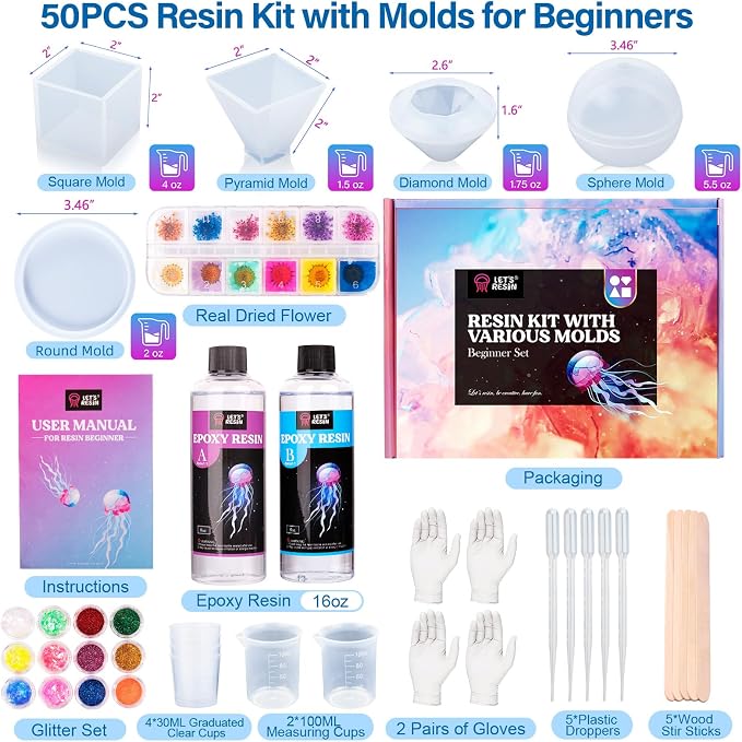 LET'S RESIN 16oz Epoxy Resin Kits and Molds Complete Set for Beginners | Resin Art Kit With Silicone Molds, Pigment, Dried Flowers, for Adults, Art Supplies for DIY Lovers, DIY Gift for Women
