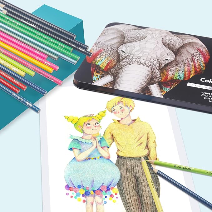 KALOUR 180 Colored Pencil Set for Adults Artists - Rich Pigment Soft Core -12 Metallic Pencil - Ideal for Coloring Drawing Sketching Shading Blending - Vibrant Color(Tin Case)