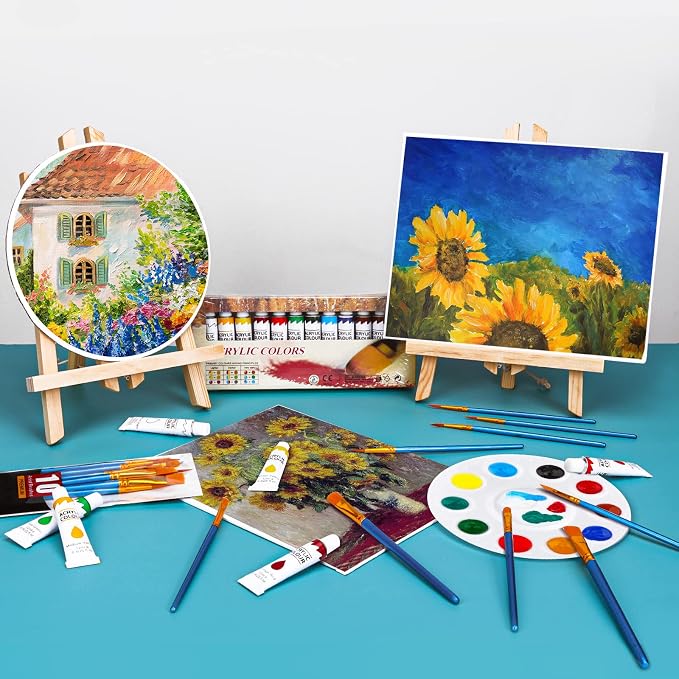 ESRICH Acrylic Paint Canvas Set, 52 PCS Painting Supplies Kit | 2 Wood Easel, 2 * 12 Colors, 20 Brushes, Circular Canvas, Paint Kit for Kids, Students, Artists and Beginner