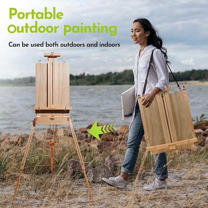 CONDA Large Wooden French Easel and Sketchbox Easel, Adjustable Tripod Easel Stand with Drawer and Palette for Artist, hobbyists, Professionals, Ideal Easel for Painting, Sketching, and Display