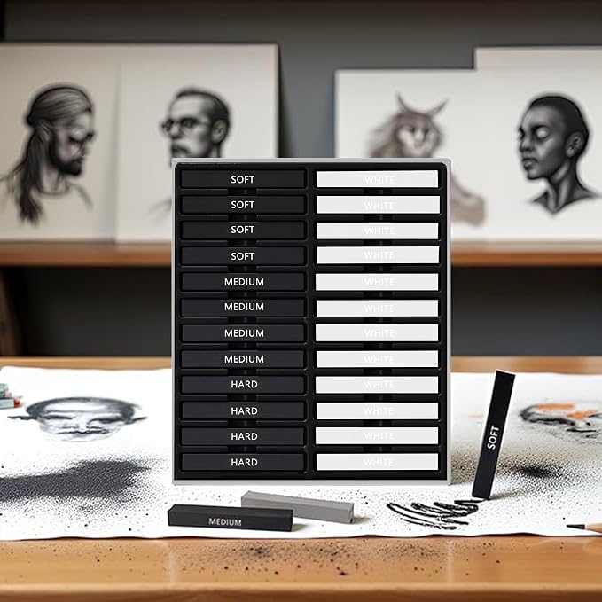 24 Pcs Compressed Charcoal Sticks with Soft, Medium, Hard and White Charcoal, Square Charcoal Stick Kit for Drawing, Sketching and Shading (12 Black and 12 White)