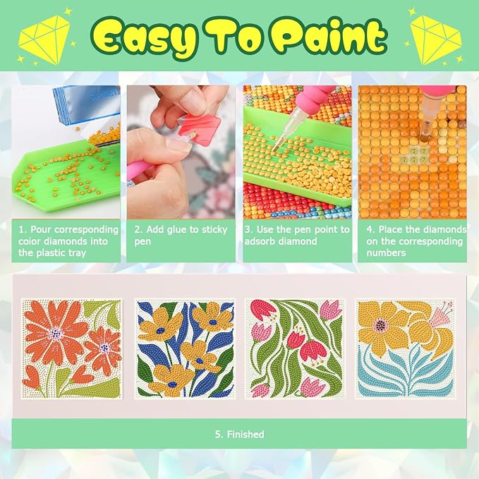 ICYANART 4 Pack Flowers Diamond Art Kits for Kids Age 6-12 6x6 Inch | Diamond Art Painting Kits for Kids Ages 6-8-12 , Small Diamond Art Kids, Simple Gem Painting for Kids Age 6-12 (no Frame)