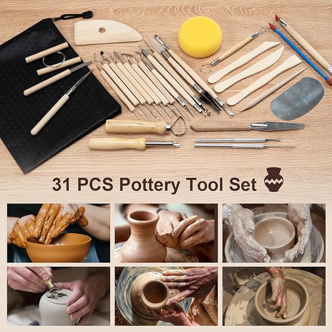 Amrules 31 Pcs Polymer Clay Sculpting Tools Kit for Adults, Light Yellow | Multi-Functional for Carving, Dotting & Molding, Ideal for Art Class & Pottery Studio, Comes with Zipper Storage Bag