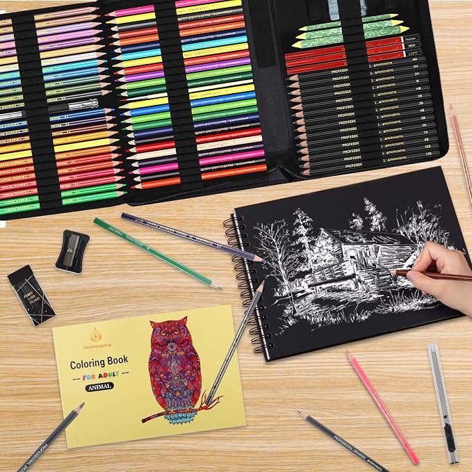 78pcs Drawing Kit Sketching Set Art Supplies with 3-Color Sketchbook Colorful Portable Case Colored Graphite Charcoal Watercolor Mettallic Pencil sketch draw gift set for Artist Adult Beginner