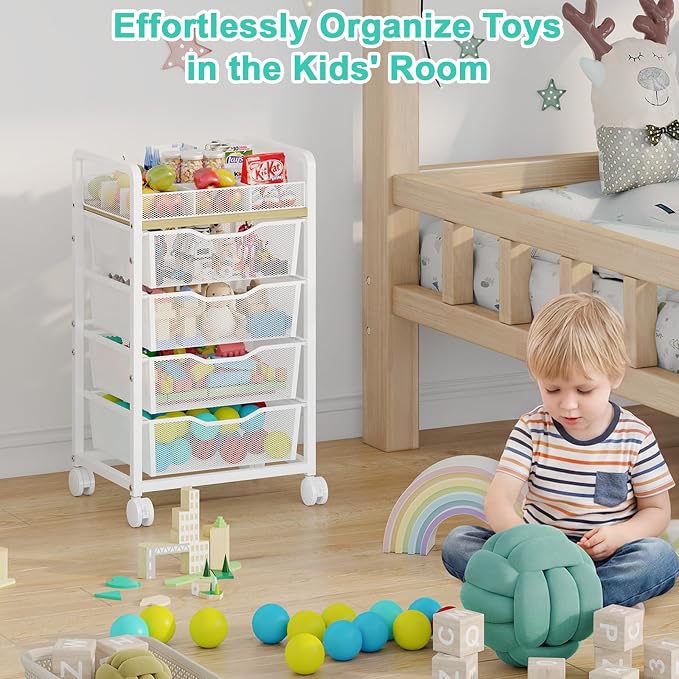 Hongtamoya Rolling Cart with 4 Drawers, Storage Cart with Dividers, White | Multifunctional Utility Cart, Storage Organizer with Lockable Wheels, Craft Art Trolley for Kitchen Office Classroom Bedroom