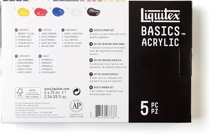 Liquitex BASICS Acrylic Paint Set, 5 x 75ml (2.4-oz) Tube Paint Set | Medium Viscosity, Satin Finish, Lightfast, Fine Art Pigments, Range of Opacities, Easy Blending