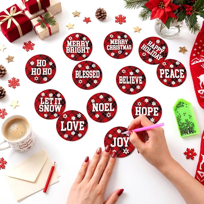 Zonon 12 Pcs Christmas Diamond Art Magnet Kits for Fridge | Xmas Diamond Painting Magnets, Black and Red Buffalo Plaid,DIY Craft Gifts, for Refrigerator Lockers Cars DIY Home Decor