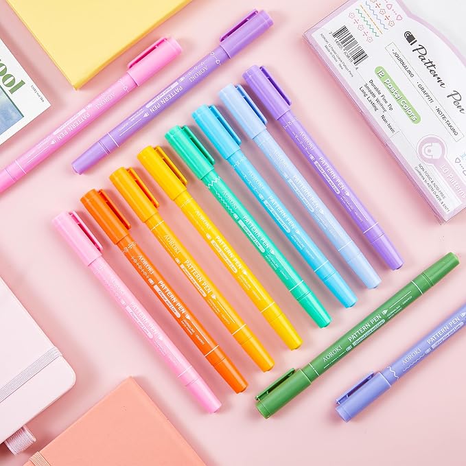 12 Colored Curve Highlighter Pen Set, 10 Different Shapes Dual Tip Marker Highlighters for Journaling Drawing Note Taking,Curve Highlighter pens for Planner Scrapbook School Supplies