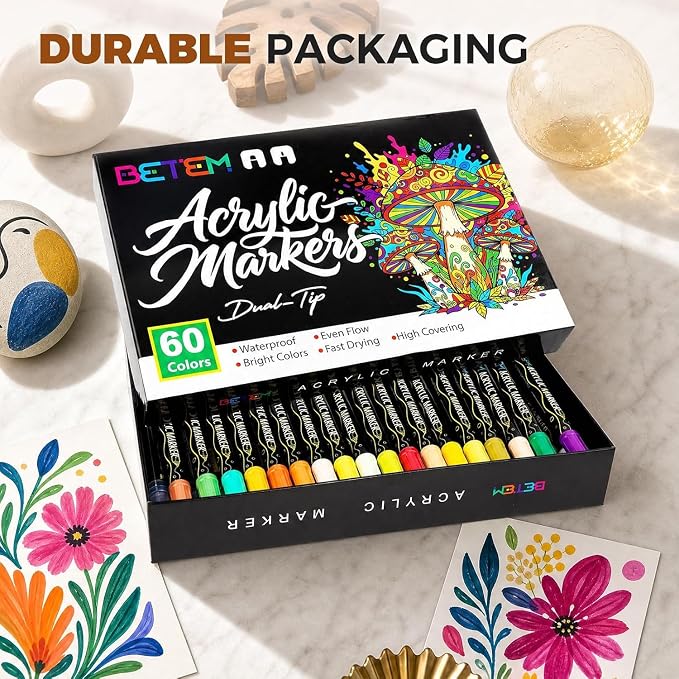 Betem 60 Colors Dual Tip Acrylic Paint Markers, Fabric Decorating Kits | Premium Water-Based Acrylic Paint Pens Art Supplies for Fabric, Rock, Wood, Glass, Canvas, Ceramic, School Supplies