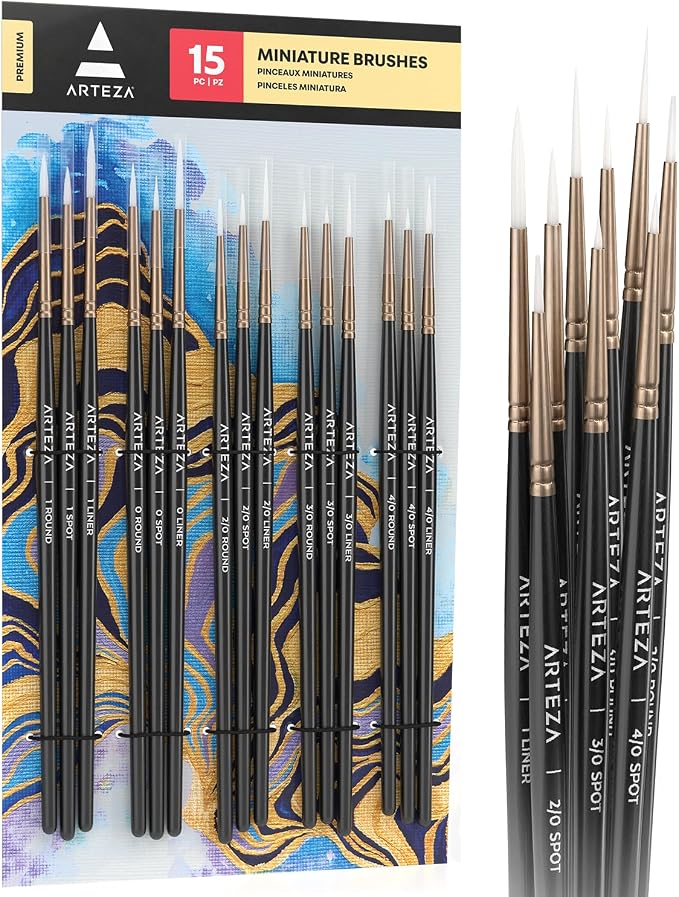 ARTEZA Detail Paint Brushes, Set of 15, Miniature Paint Brush Set with Spot, Round and Liner Tips, Fine Tip Paint Brushes for Acrylic Painting, Watercolor, Models, Crafts and Canvas