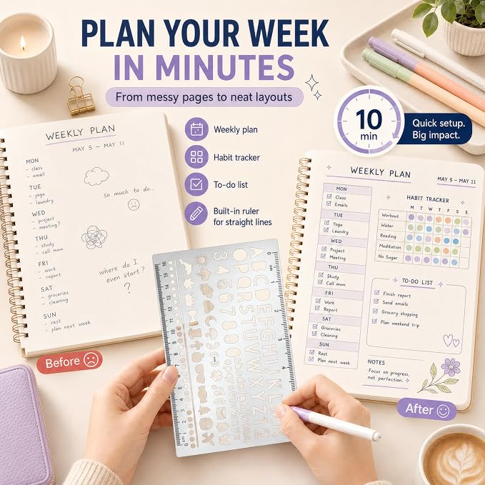 10Pcs Metal Planning Stencils, Bullet Journal Stencil, Ruler Stencil for Journaling with Case – Bullet Journal Weekly/Monthly Planning, Daily Task Tracker, Drawing Straight Lines