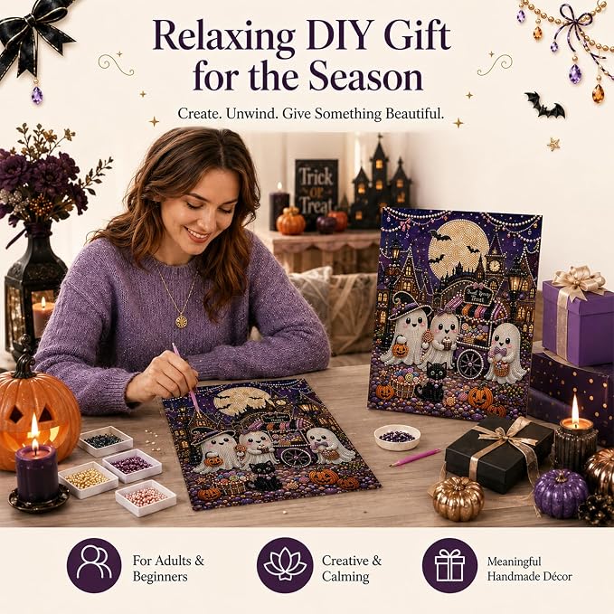 DIY Christmas Pearl Diamond Painting Kit, 5D Pearl Art Craft for Adults and Beginners, Christmas Church and Jesus Wall Decor, Holiday Gifts, 12 x 16 Inch (Halloween Design C)
