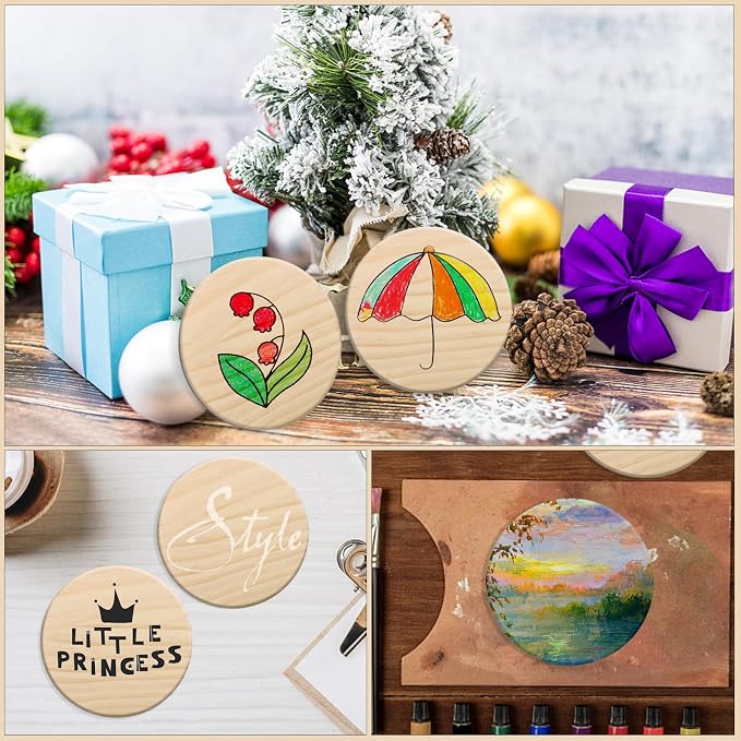 60 Pack 4 Inch Unfinished Round Wood Coasters with Non Slip Pad