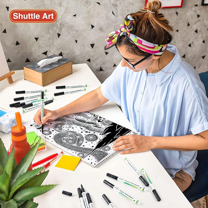 Shuttle Art 40 Pack Black Fine Tip Acrylic Paint Pens, Water-Based Quick Dry Paint Markers for Rock, Wood, Metal, Plastic, Glass, Canvas, Ceramic
