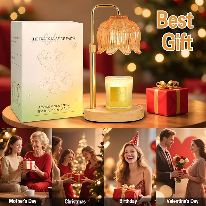 XJZJY Amber Flower Candle Warmer Lamp with Timer, Birthday Gifts for Women | Dimmable wax melt warmer with 2 bulbs for jar candles, height adjustable, lotus flower lamp, home decor, housewarming gift