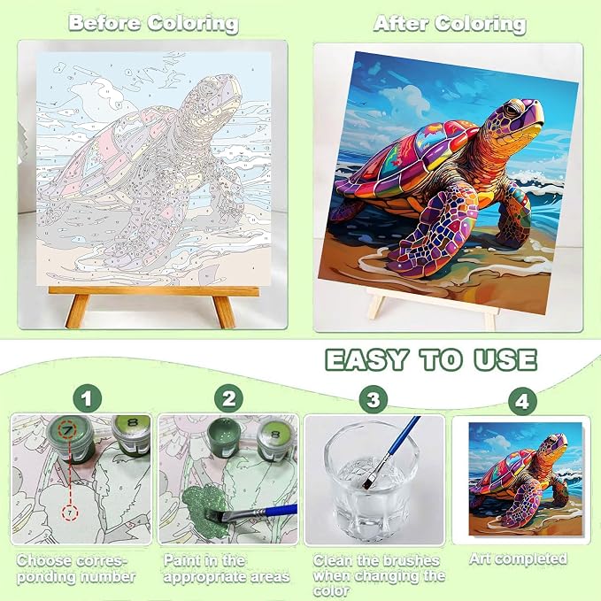 ajepon Sea Turtle Paint by Numbers Kit for Kids with Frame - Cute Turtle Paint by Number for Kids, Kid Painting by Number Kits Age 8-12 for Home Wall Decor 8X8inch (with Wooden Easel)