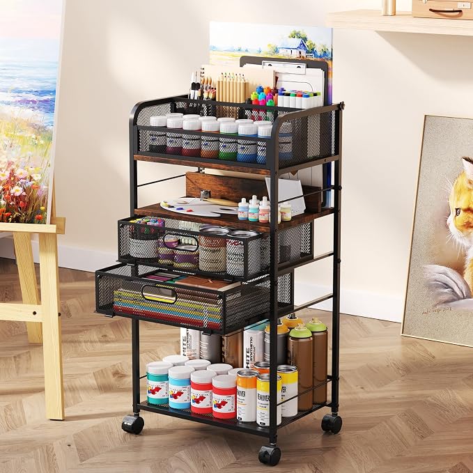 Homsorout Art cart, 5 Tier Rolling Cart - Utility Cart with Storage Drawer and Wheels, Versatile Art & Craft Organizer for Home, Office, or Studio Ideal for Storing Brushes, Paints