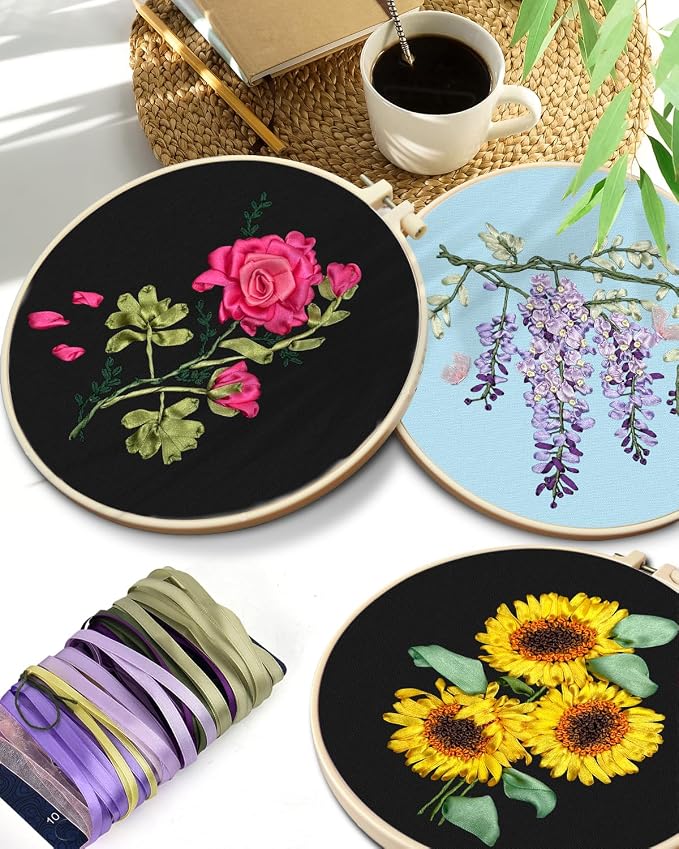 TINDTOP Embroidery Kit for Adult, Ribbon Embroidery Kit for Beginners | for Craft Lover Hand Stitch with Embroidery Skill Techniques (FLowers)