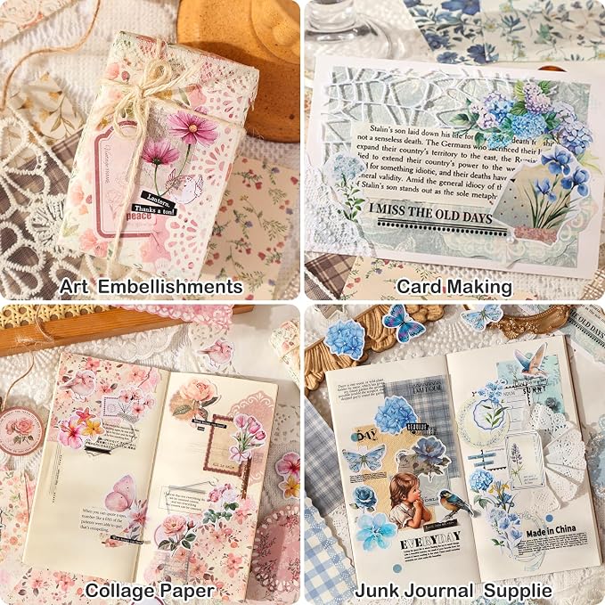 400 Pcs Floral Scrapbook Paper & Stickers, 4 Packs Scrapbook Supplies Kit, Junk Journal Scrapbooking Paper for Journaling, Scrapbooking Embellishments, Planner, Card Making