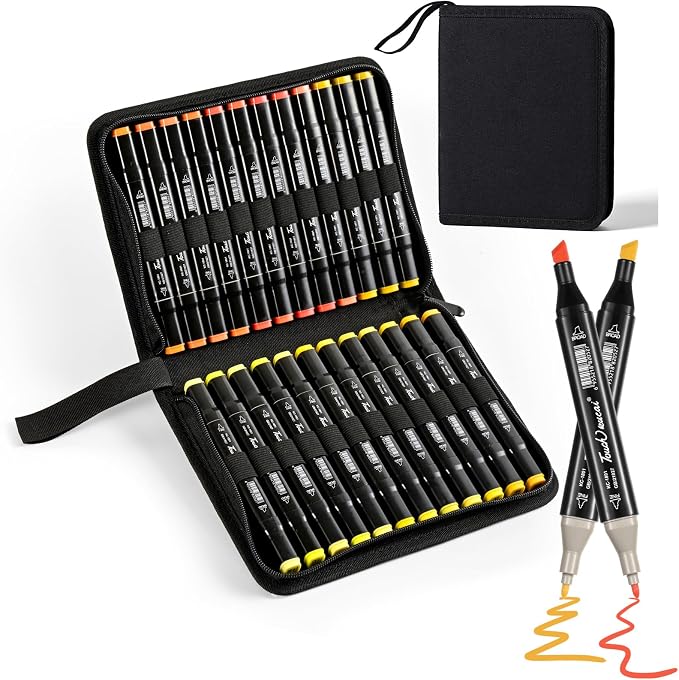 Yellow Orange Colors Alcohol Markers Set,24 Color Dual Tips Art Markers,Markers Pens for Artist Adults Coloring Illustration Painting DIY Crafts Making Art Supplies